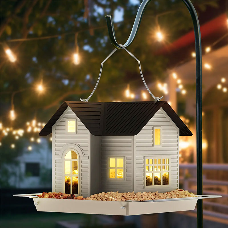 Outdoor hanging solar-powered bird feeder