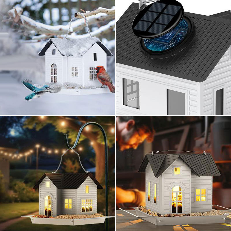 Outdoor hanging solar-powered bird feeder